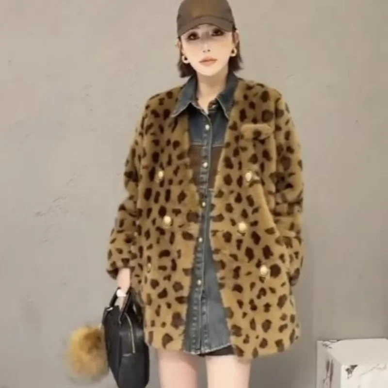 Maillard Leopard Print Imitation Fur Loose Winter 2024 New Fashion New Fur One Long Sleeve Coat Sports and Leisure Comfortable