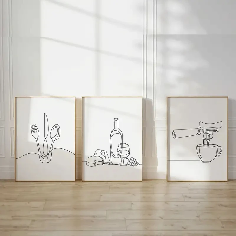 3pcs/Set Black White Aesthetic Tableware Wine Cheese Coffee Line Art Canvas Poster Wall Decoration DiningRoom Kitchen Home Decor