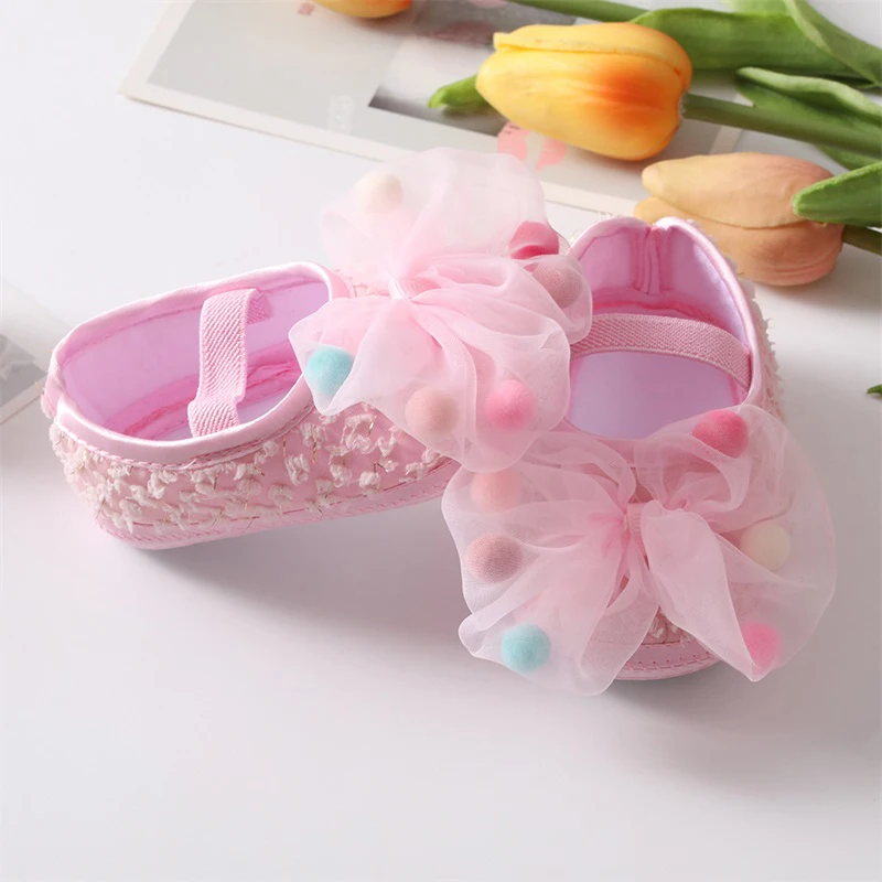 Baby Girls Mary Jane Flats with Bowknot Headband Infant Floral Bow First Walker Crib Shoes Princess Wedding Dress Shoes