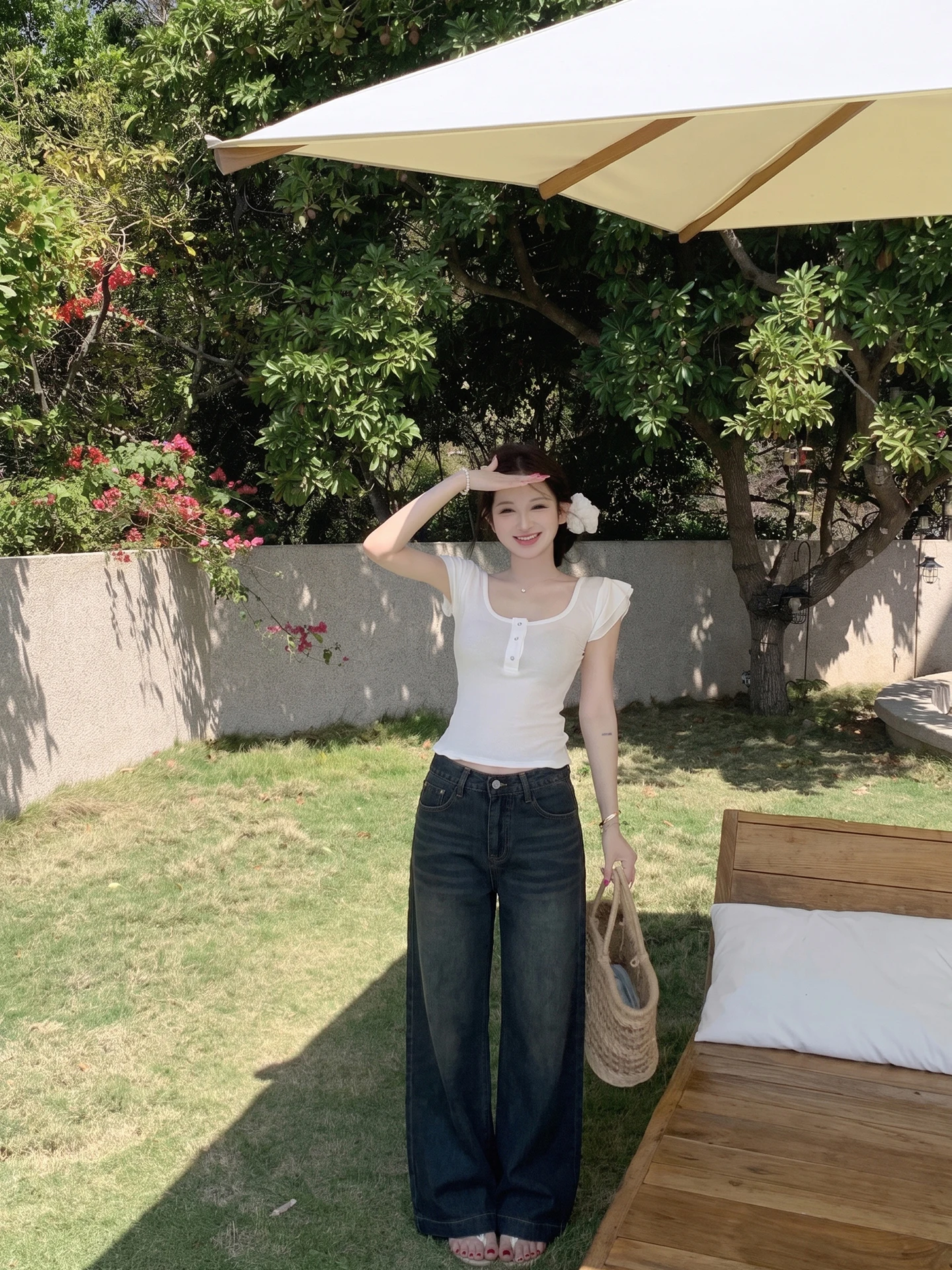

High Waist Blue Denim Pants Women's Summer Slim Straight Wide Leg Floor Length Draping Trousers Retro American Style