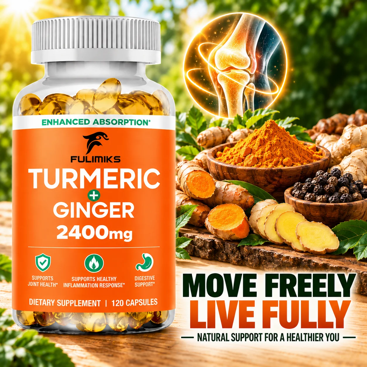 Turmeric Ginger 2400mg Capsules, Support Joint & Bone Strength, Mobility & Flexibility, Aid Digestive, Brain & Immune Health
