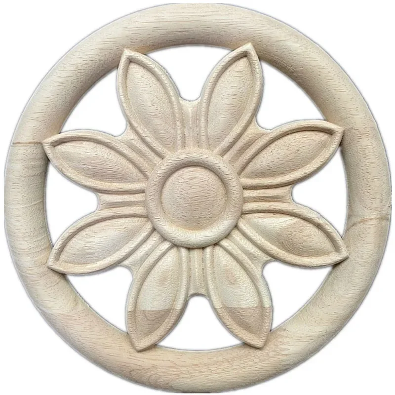 24cm Vintage Natural Wood Round Flower Carving Decal Appliques Furniture Wooden Moulding Unpainted Accessories Decoration Decal