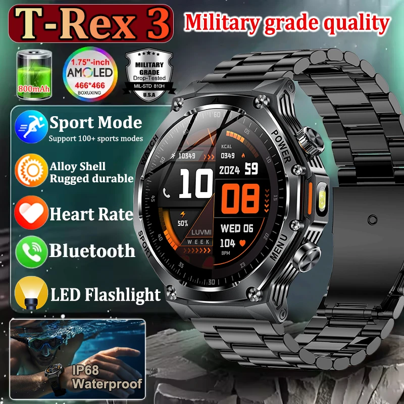

2026Новые военные смарт-часы T-Rex 3, аккумулятор 1000 мАч, IP68, водонепроницаемый светодиодный фонарик, пульсометр, GPS, спортивный трекер, умные часы для мужчин