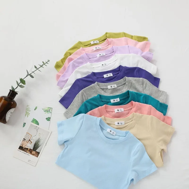Summer Kids Cotton Tees Top Solid Color T-shirt Versatile Short Sleeve Kindergarten Student Class Uniform for Boys and Girls - Image 2