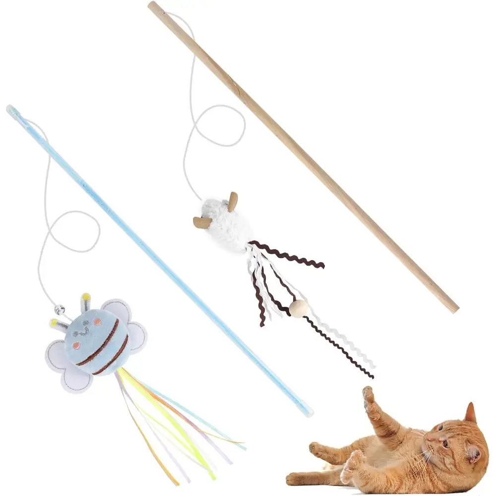 Cat Wand Toy Set, 2 PCS Interactive Cat Teaser Wands with Cute & Mouse Designs, Equipped with Strings and Streamers to Activate