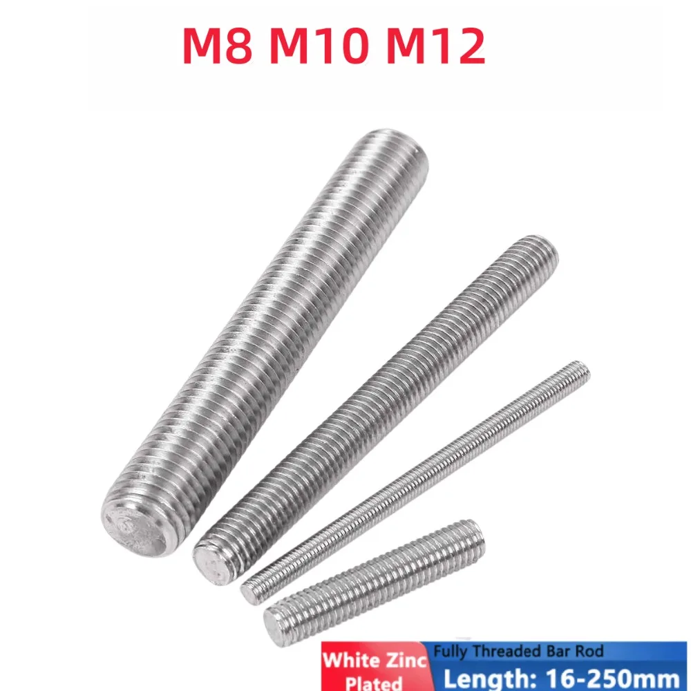 2-50pcs M8 M10 M12 Zinc Plated Full Threaded Rods Metric Thread Bar Screw Galvanized Bolt Stud Tooth Stick L=16-250mm