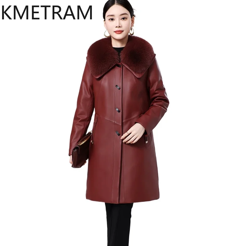 White Duck Down Coats Women 100% Sheepskin Burgundy Puffer Jacket Woman Winter Fox Fur Collar Coat Ladies Clothes 2025 пуховик