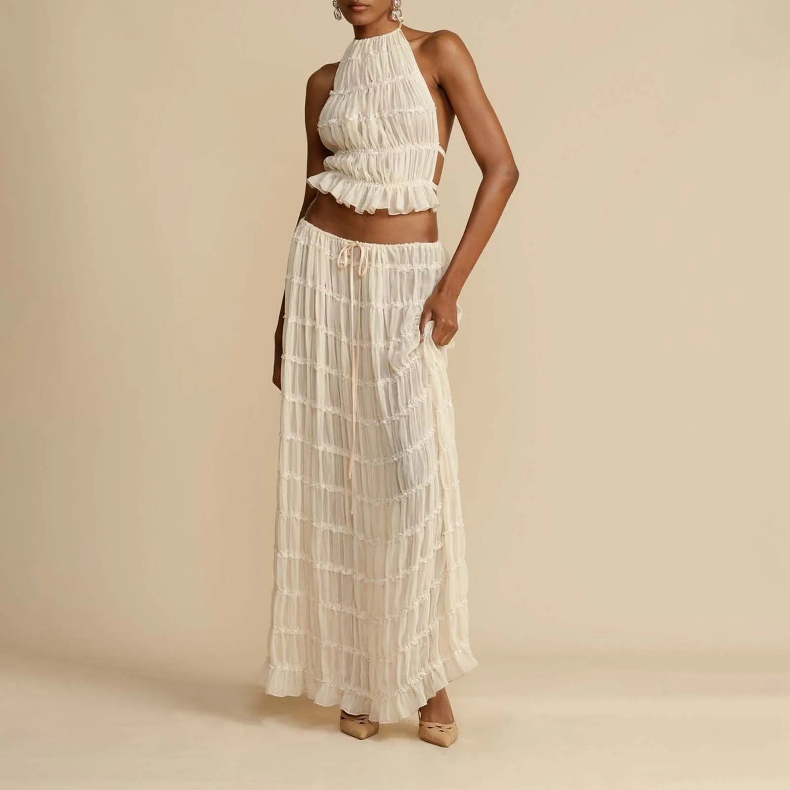 Pleated Crop Tops Long Skirt Suit Women Halter Sleeveless Backless Skirts Set 2024 Summer Ladies Sexy 2 Piece Set Beach Outfit