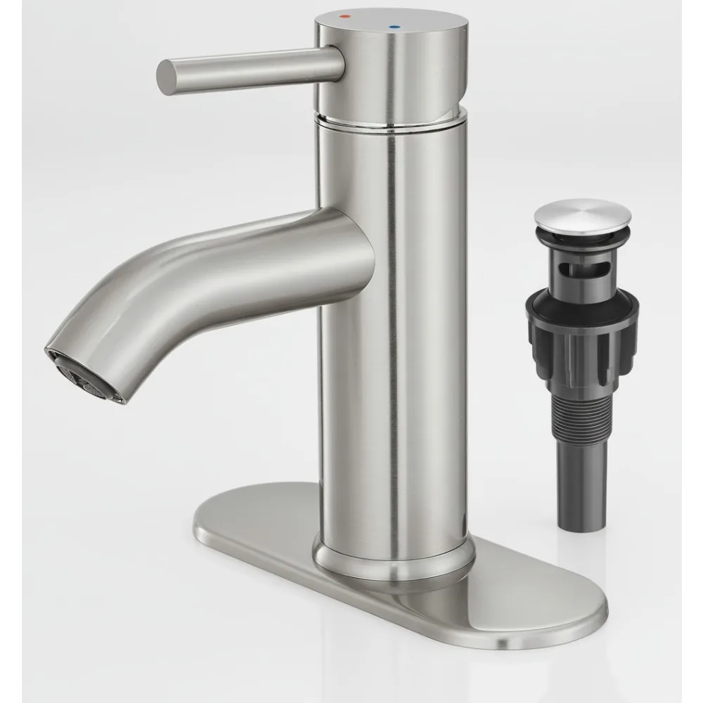

Brushed Nickel Single Handle Bathroom Sink Faucet with Pop-up Drain, Modern Vanity Basin Mixer Tap for Home RV
