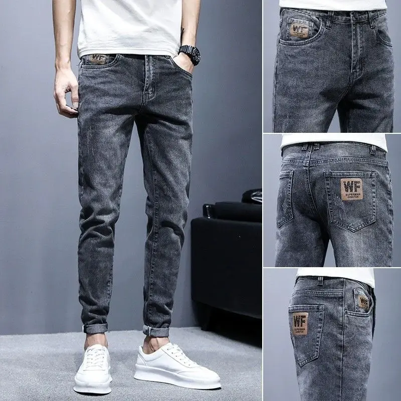 

Harajuku модные джинсы мужские летние тонкие облегающие брюки на маленьких ножках мужские корейские модные брендовые мужские простые длинные брюки мужские