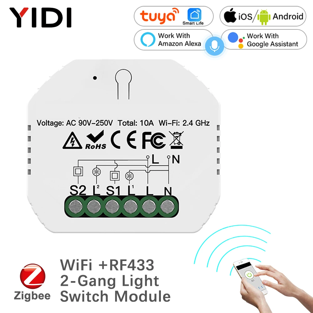 

2 Gang DIY Smart WiFi Switch Module Relay, Tuya APP Voice Remote Control 1/2 Way Wall Switch Breaker Alexa Google Home