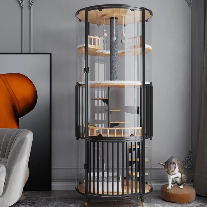 Round Cat Cage Villa 360 Panoramic Display High Transparent Glass Luxury Cat Nest with Toilet Solid Wood Cat House