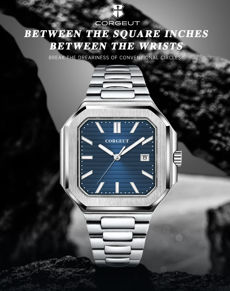 Customized Logo 44.5MM Mechanical Square Steel Case Aseptic Watch Automatic Movement NH35 Fashion Date Gift Men's Watch Corgeut