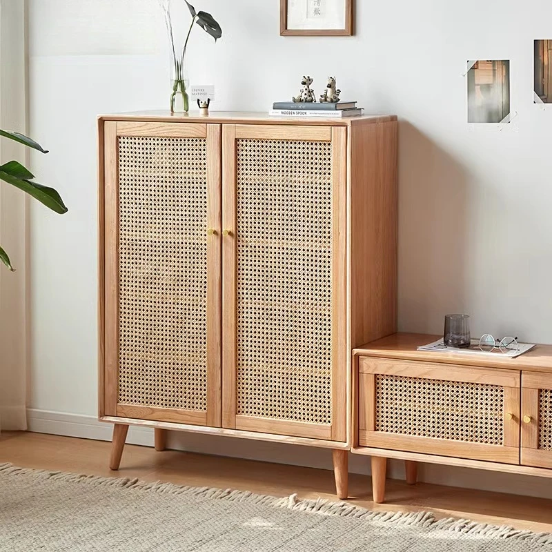 

Solid wood shoe cabinet, simple and modern home entrance, large-capacity Japanese-style rattan storage entrance foyer cabinet