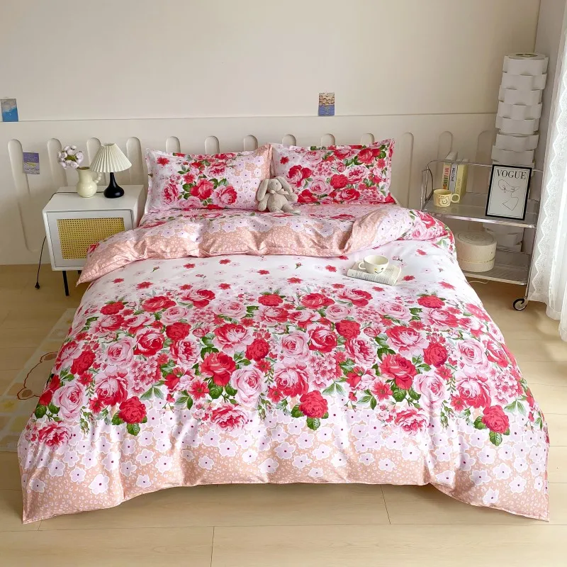 4pcs Pink Base Rose Floral Bedding Set, Soft Breathable Bed Linen with Duvet Cover, Pillowcases & Sheet, Full/Queen/King Size