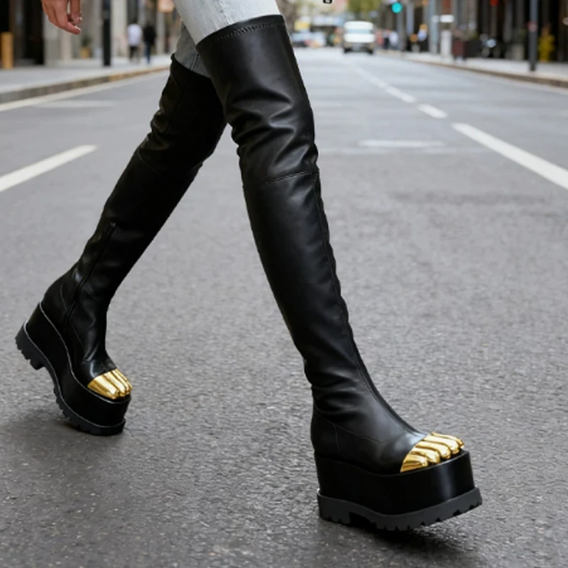 

Gold Toe Black Thick-Soled Elastic Thigh Boots Woman Winter 2026 Rear Zipper Platform Height Increasing Over The Knee Boots