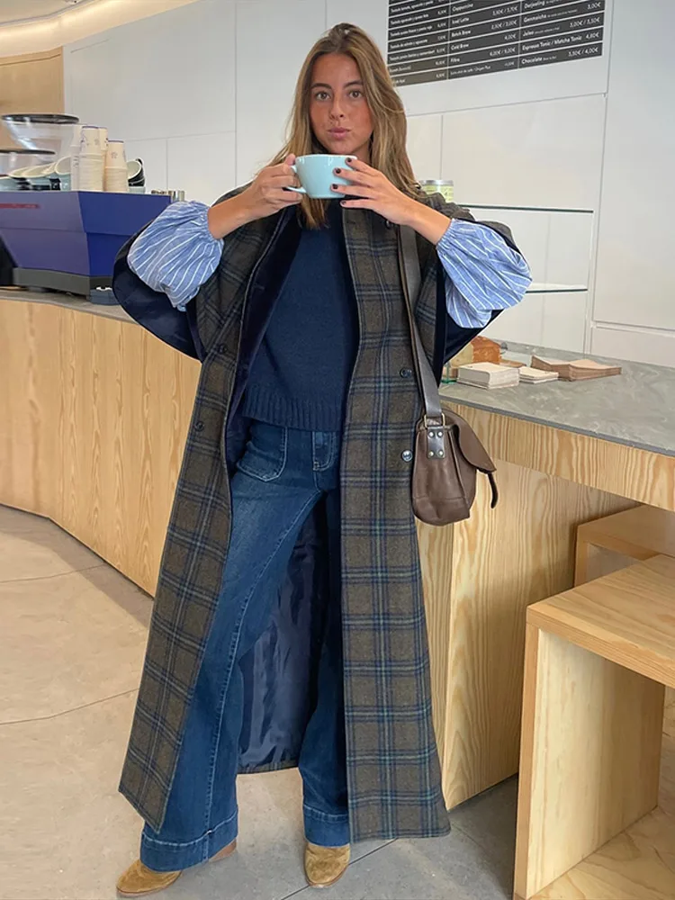 معاطف أنيقة نصف واسعة الأكمام للنساء معطف طويل فضفاض مزدوج الصدر مزدوج الصدر للسيدات موضة خريف 2025 ملابس خارجية للسيدات