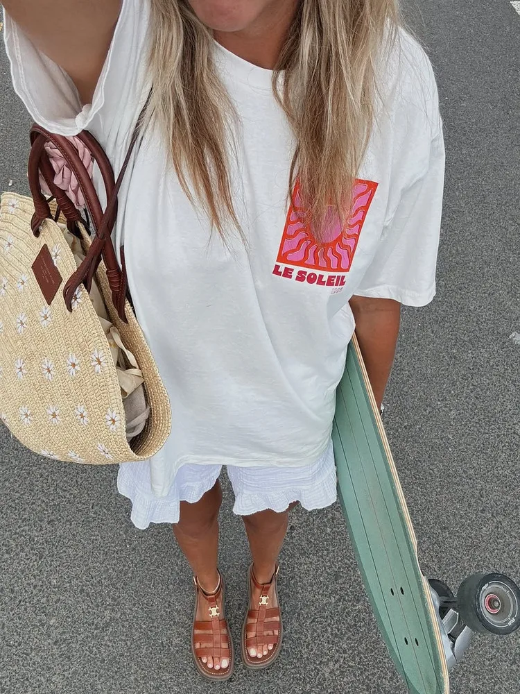 JHYF American Retro Vintage Design Loose Short Sleeve Sun Print Spicy Girl T-Shirt Women Street Style Oversize Cotton Summer