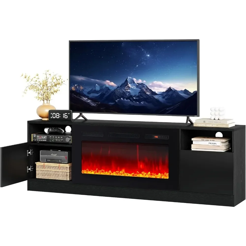 

Modern Fireplace TV Stand for TVs Up to 80" – Electric Entertainment Center with Two Hinged Doors & LED Lights