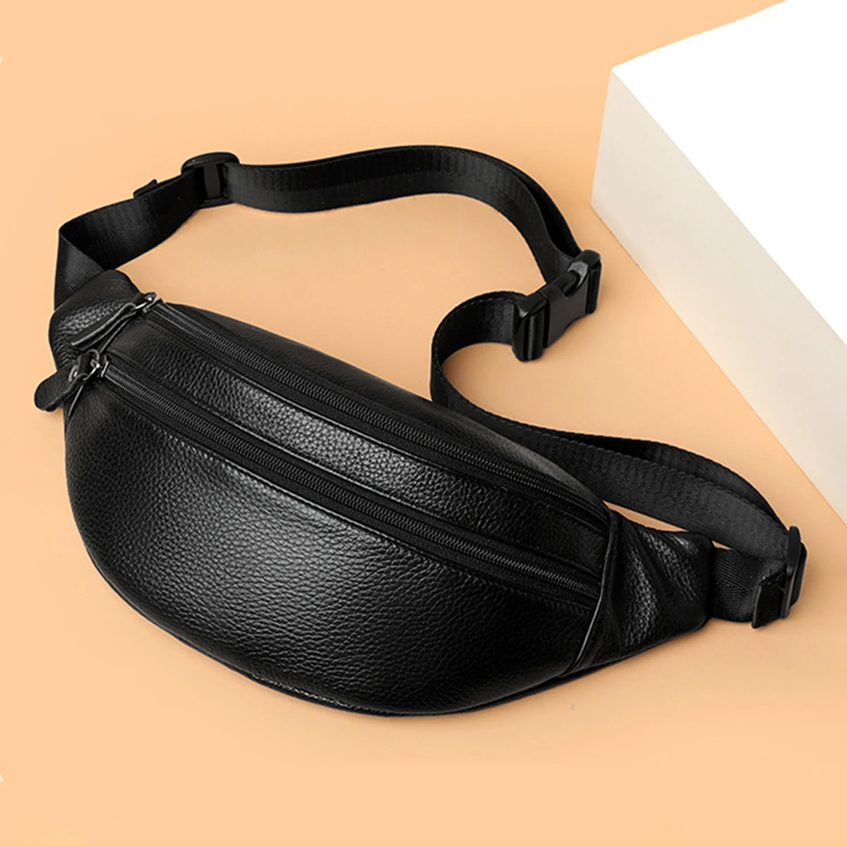 Men Genuine Leather Fanny Pack Multi Zipper Pockets Crossbody Chest Bag Adjustable Strap Waist Bag For Outdoor Travel Daily