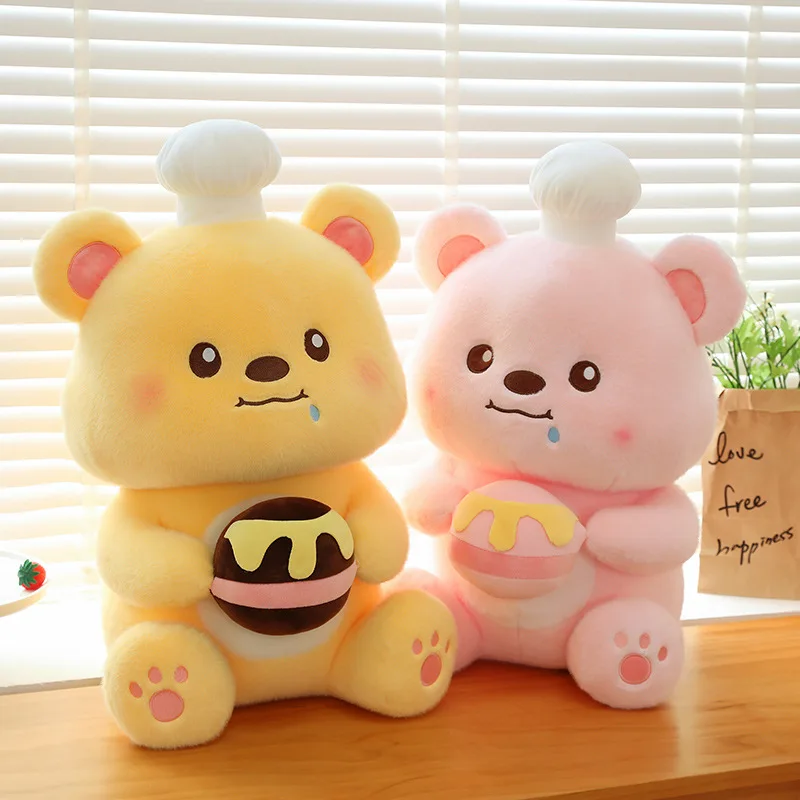 Kawaii Pink Teddy Bear Chef Plush Toy with Honey Jar Stuffed Doll Cute Birthday Gift for Kids and Couples Soft Cuddly Bear