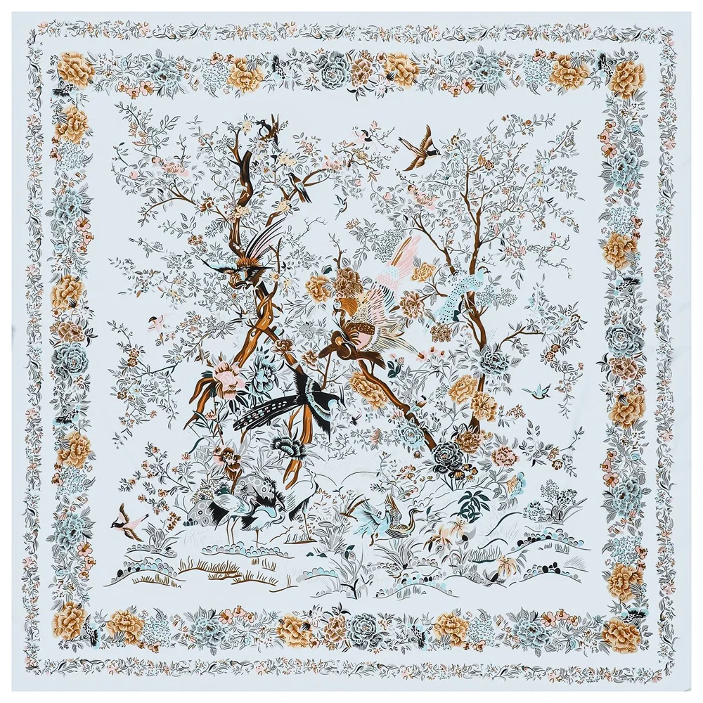 

Шелковый шарф 130 см, женские большие шали, палантины с принтом дерева и птиц, квадратная бандана, роскошный платок, хиджаб, женские платки, пляжное полотенце