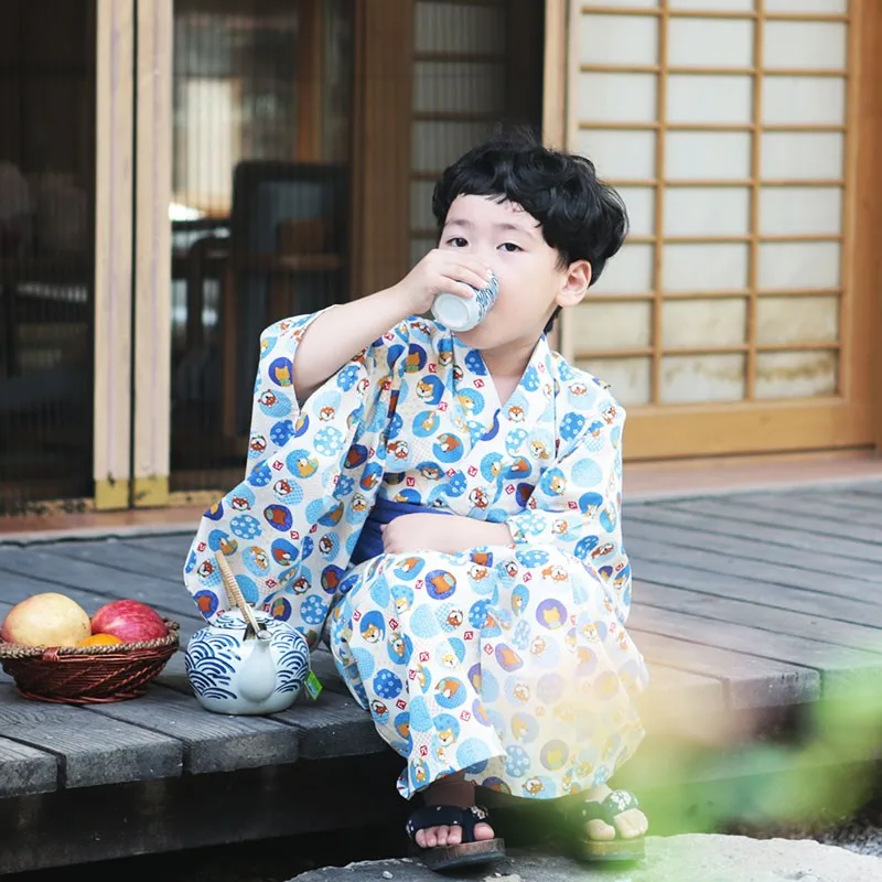 Japanese Style Children's Kimono Costume Boys' Traditional Printed Style Yukata Clothes Vintage Design Kimono Yukata Set ZF415