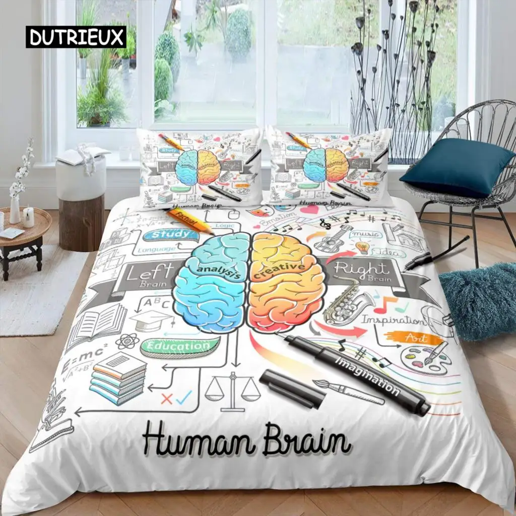 

Human Brain Duvet Cover Set for Boy Child Students Microfiber Music Art Quilt Cover Decor Math Science Subject Theme Bedding Set