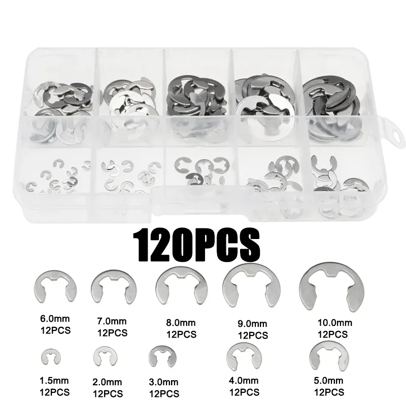 120pcs Assortment Kit 1.5-10mm Stainless Steel Shaft External Retaining Ring E Clip Snap Circlip Washer for Shaft Fastener