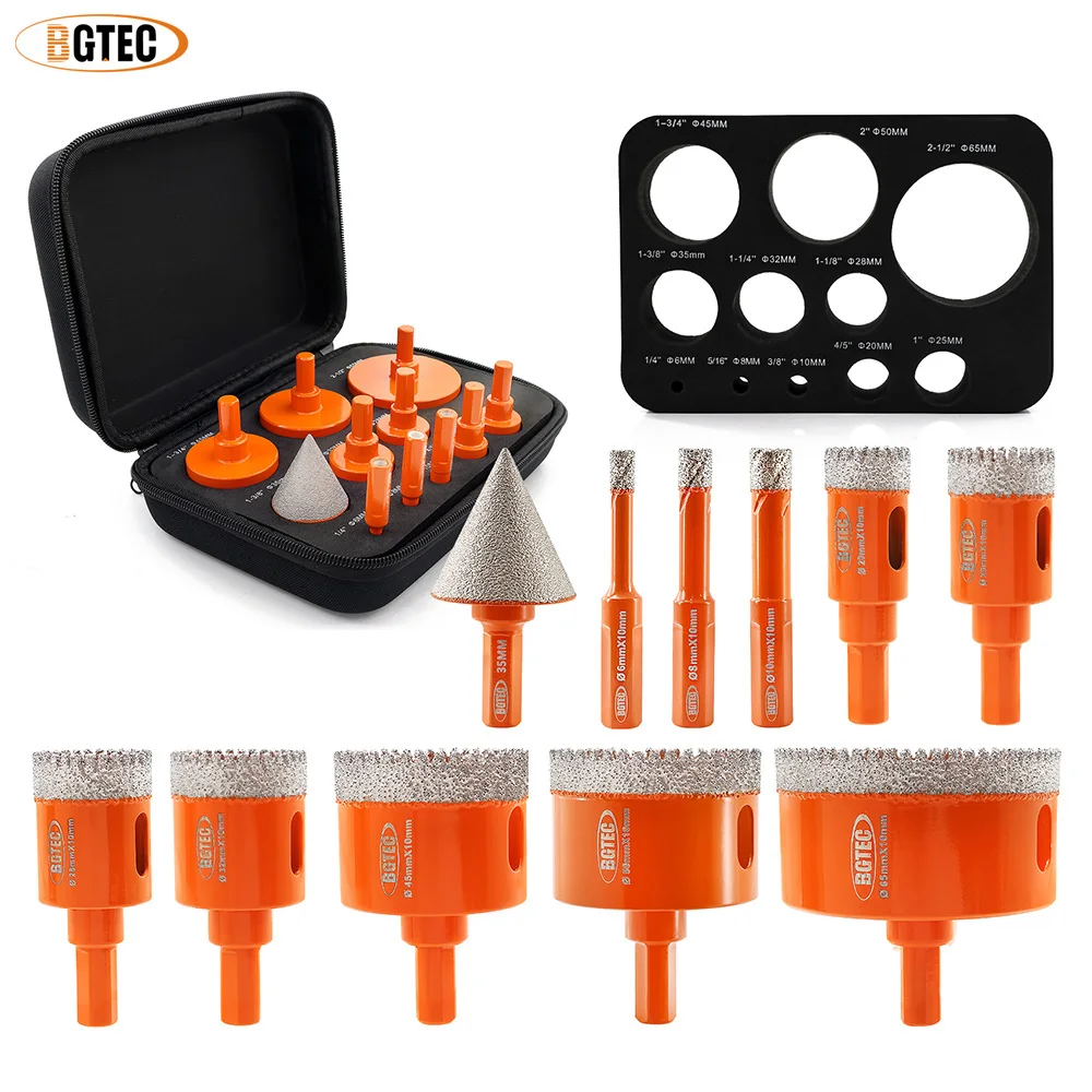 BGTEC EVA Box 11pcs Triangle 6/8/10/20/25/28/32/45/50/65mm Diamond Drill Bits+35mm Tapered Chamfer Hex Granite Marble Tile