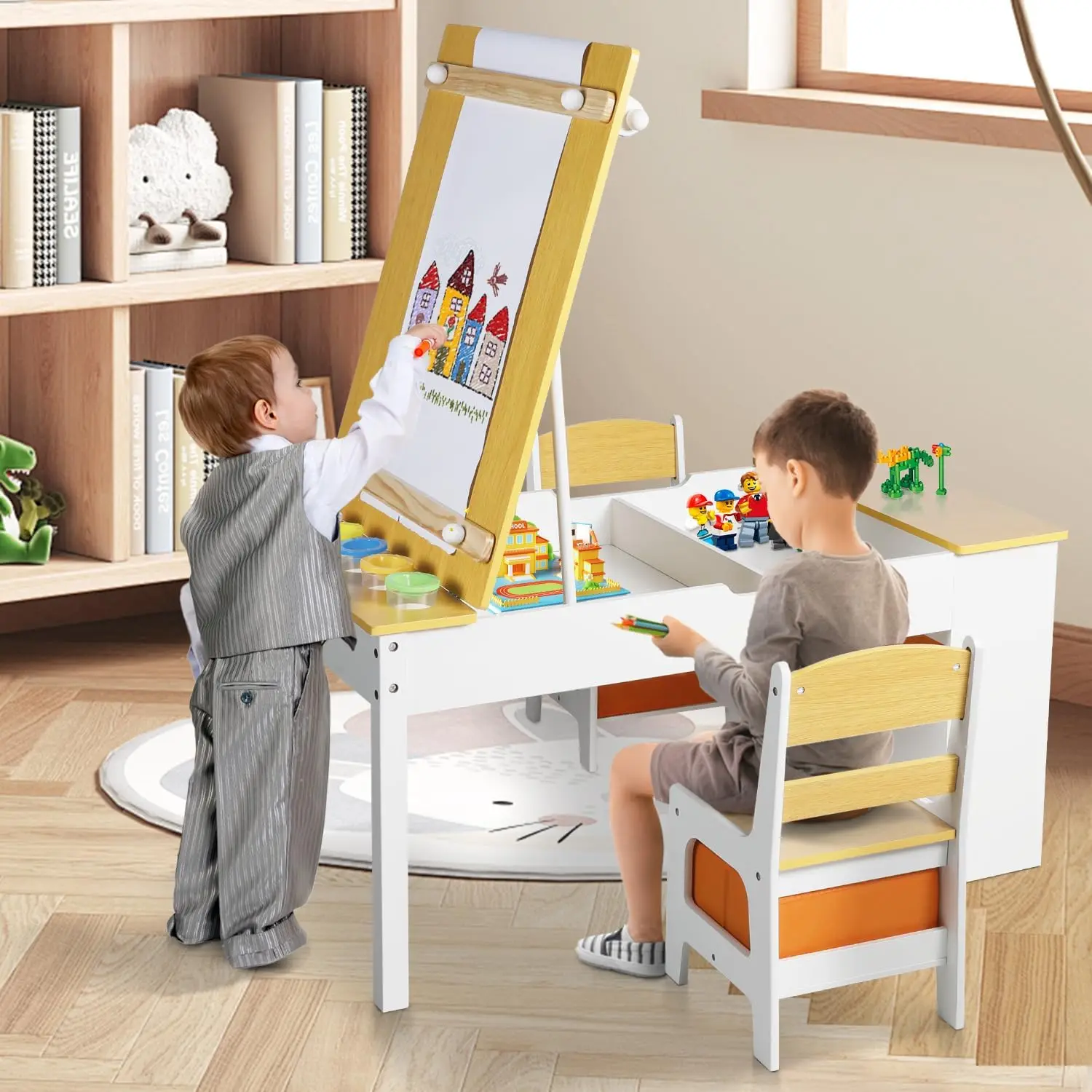 Kinder King 3-in-1 kunsttafel en schildersezel voor kinderen, houten activiteitentafel voor kinderen, 6 opbergbakken, papierrol, verfbekers