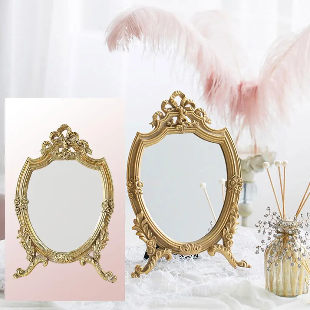 Resin Golden Makeup Mirror with Stand Shaped Bathroom Desktop Mirrors