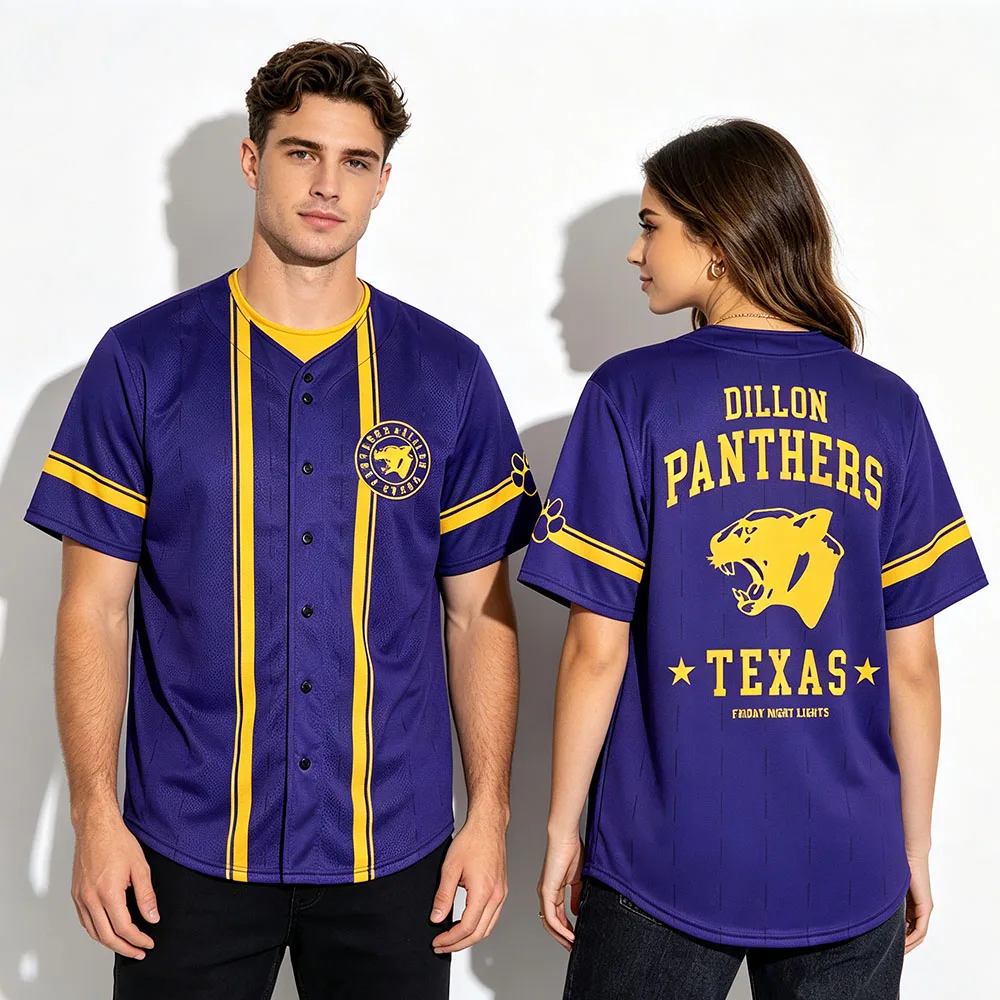 FridayNight Lights Dillon Panthers Baseball Jersey Button‑Up Short Sleeve Sports T-shirt Summer Unisex Streetwear Full Print Tee