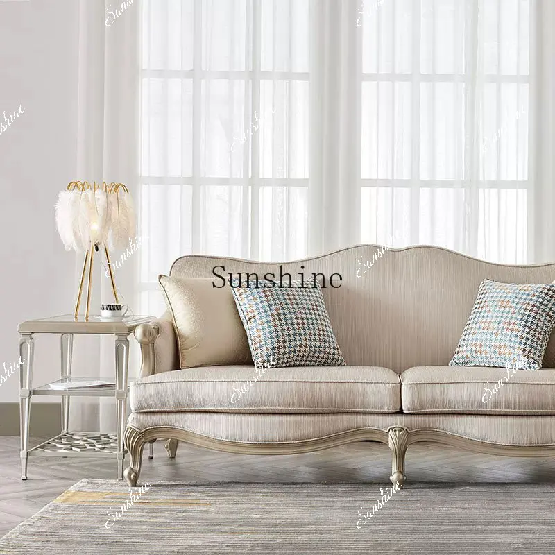 

American light luxury solid wood fabric three-person sofa living room engraving creative high-end champagne color FT