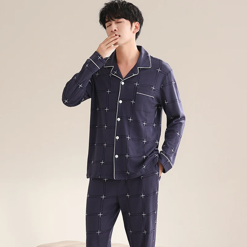 2024 Autumn/Winter New Men's Pajamas Combed Cotton Cardigan Flip Collar Plaid Large Loose Casual 2-piece Set Home Furnishing