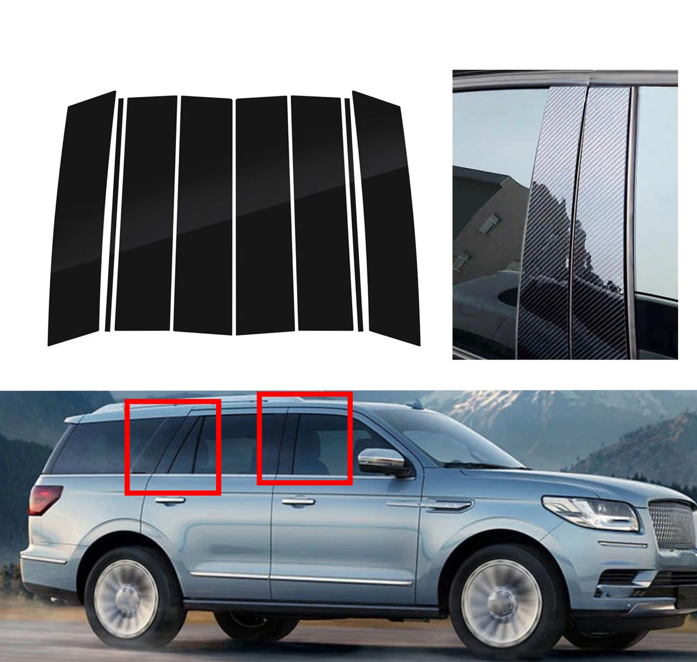 

8Pcs Fit For Lincoln Navigator 2018 2019 2020 2021 2022 Glossy Black Silvery Carbon Pillar Posts Door Window Trim Cover