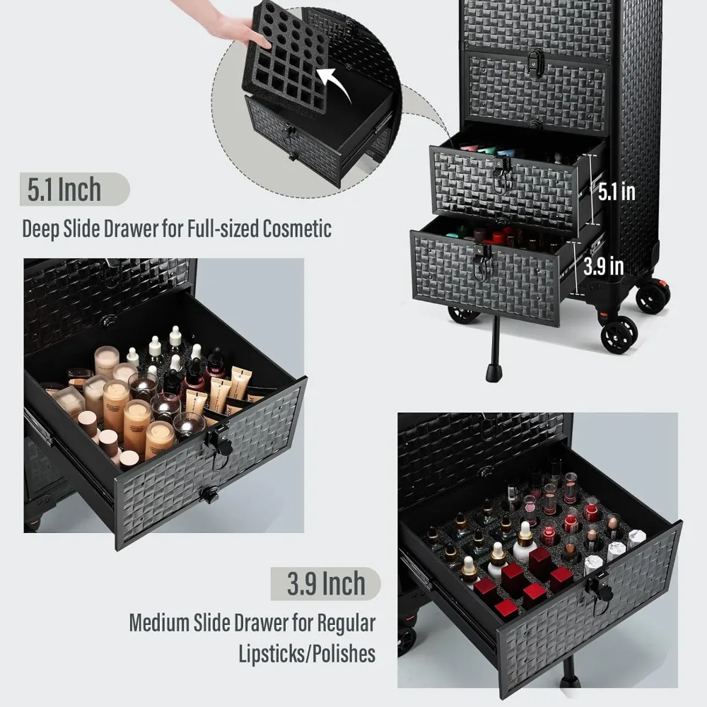 Salon Cart 3 ลิ้นชัก,Professional รถเข็นสําหรับร้านเสริมสวย,Rolling Train Case แต่งหน้าสําหรับเล็บ TECH