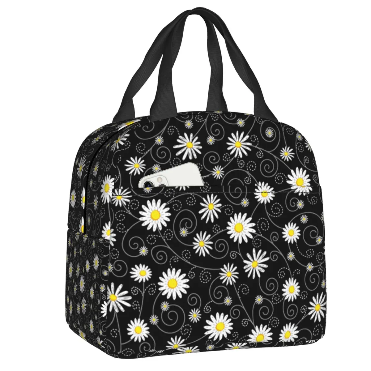 Black Daisy Flower Lunch Bag Daisies Floral Resuable Cooler Thermal Insulated Lunch Box for Women Kids Camping Picnic Food Bag