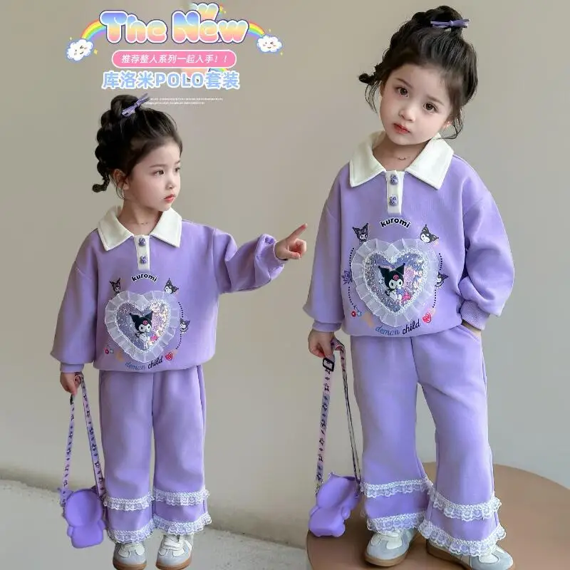 

Горячий костюм Sanrio для девочек, комплект курток Kuromi Kawaii, аниме, модные весенне-осенние студенческие кружевные топы, длинные брюки, детская одежда