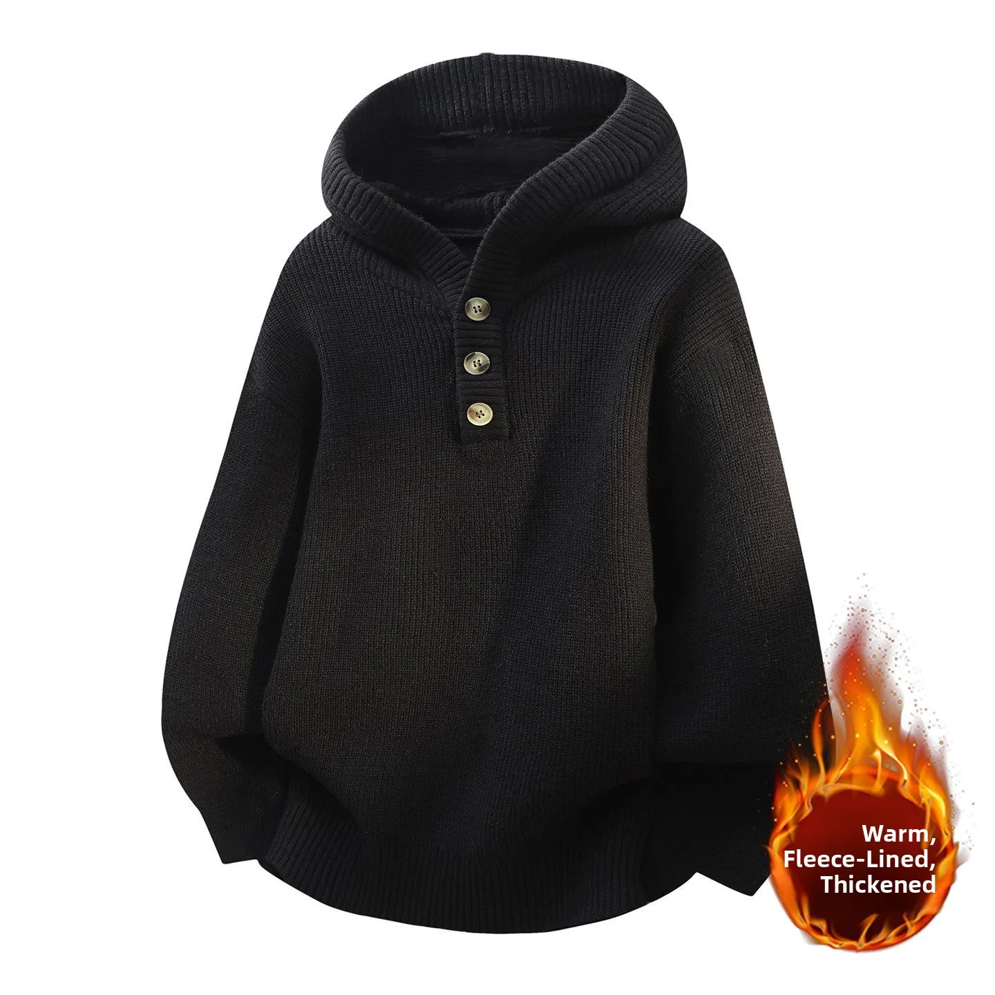 

Мужской вязаный свитер в стиле ретро с капюшоном на пуговицах, на флисовой подкладке, утолщенный, свободного кроя, зимний, повседневный, комфортный, дышащий, из полиэстера и нейлона