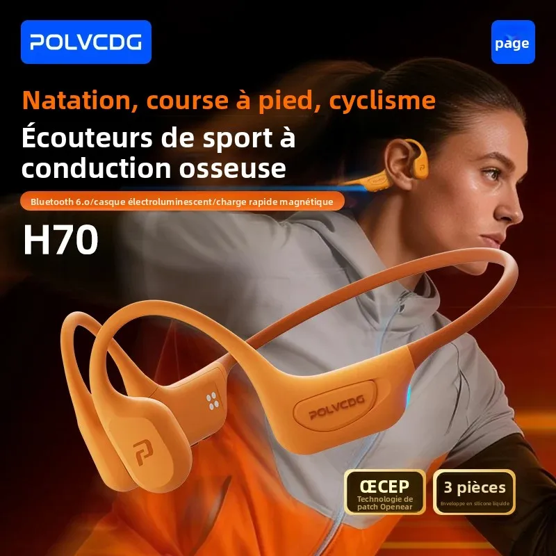 POLVCDG H70 Pro Écouteurs à conduction osseuse pour la natation, étanches IPX8, mémoire 32 Go, Bluetooth 6.0, pour sports de plein air, course à pied et cyclisme