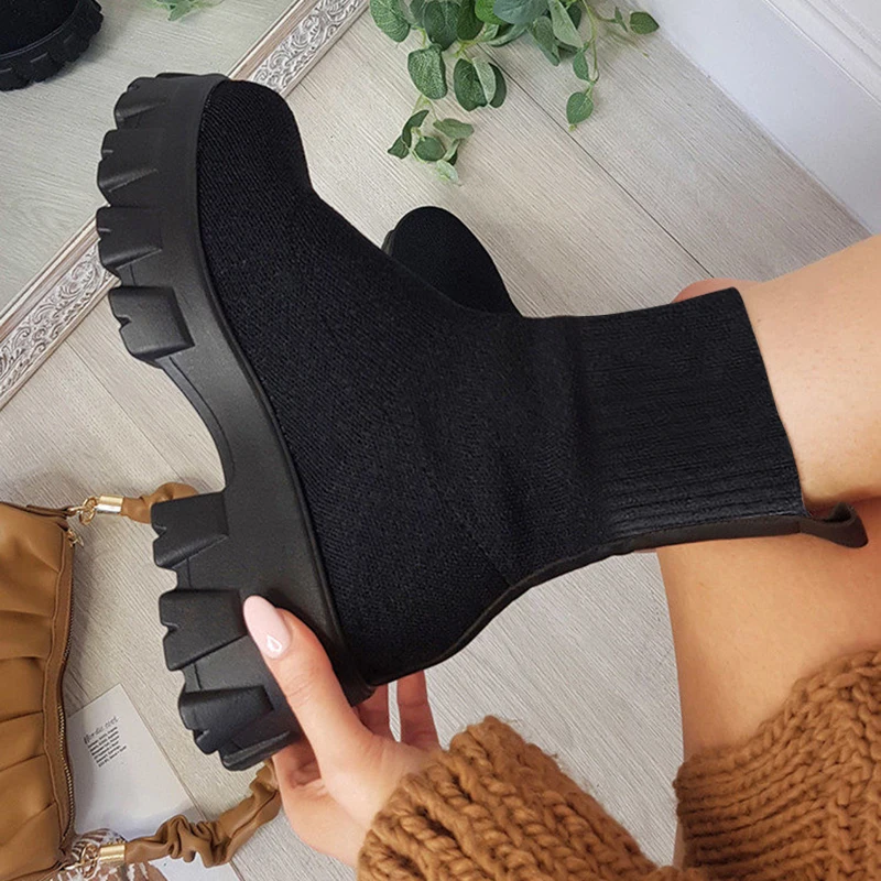 

Shoes Woman Boots Knitted Sock Boots Women's Thick-soled Short Tube Breathable Plus Size 43 Boots Platform Booties Heels