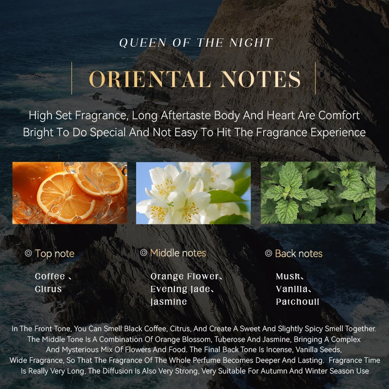 Midnight Queen Perfume 100ml Elegant Oriental Fragrance with Coffee Citrus Tuberose Jasmine Musk and Vanilla for Women