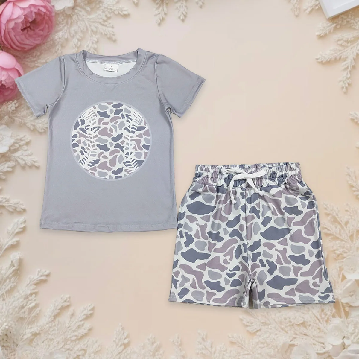 

Children Tops Baby Boy Summer Short Sleeves Grey Camo Baseball Pockets Set Infant Toddler Shorts Bottoms Kids Outfit Wholesale