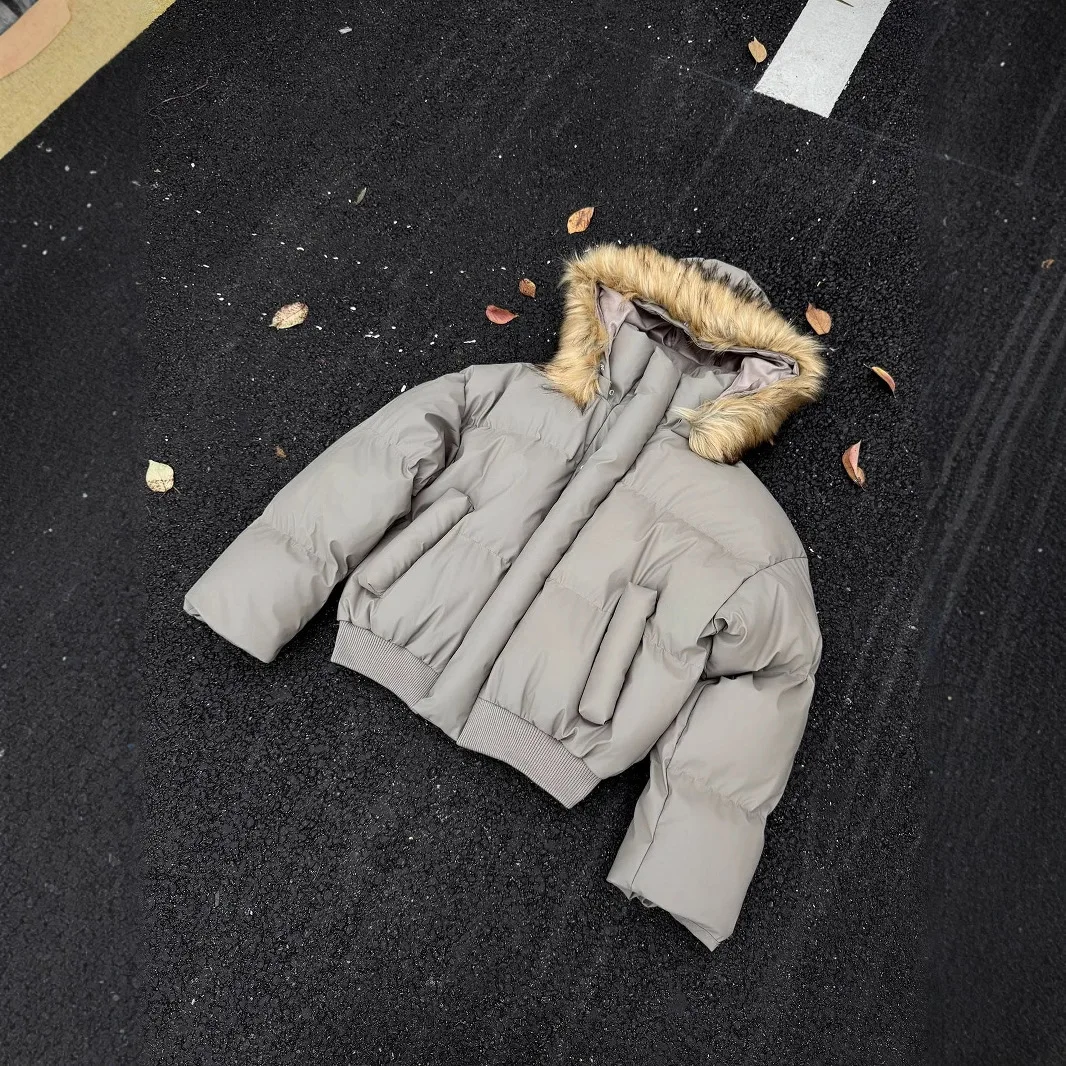 Manteaux à capuche pour hommes, Parkas courts et solides, vestes avec poches, fermeture éclair, col en fourrure, manches longues, épais, coupe ample, décontracté, automne hiver 2025