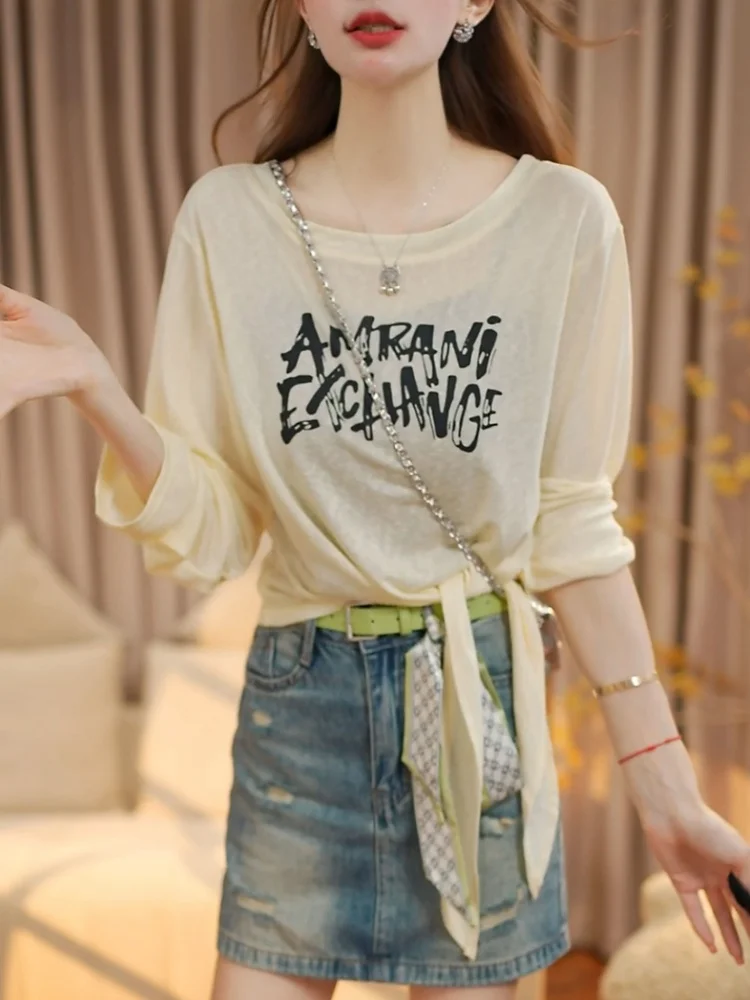White Long Sleeve T-Shirt Letter Print round Neck Women's Spring Autumn New Side Tie Air Conditioned Sun Protection Cover up