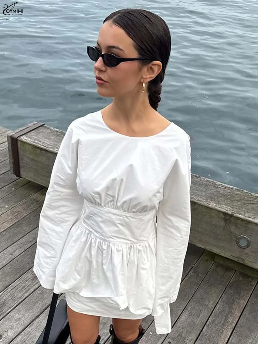 

Oymimi Casual White Cotton Two Piece Outfits Woman Fashion O-Neck Long Sleeve Open Back Lace-Up Tops And Slim Mini Skirts Sets