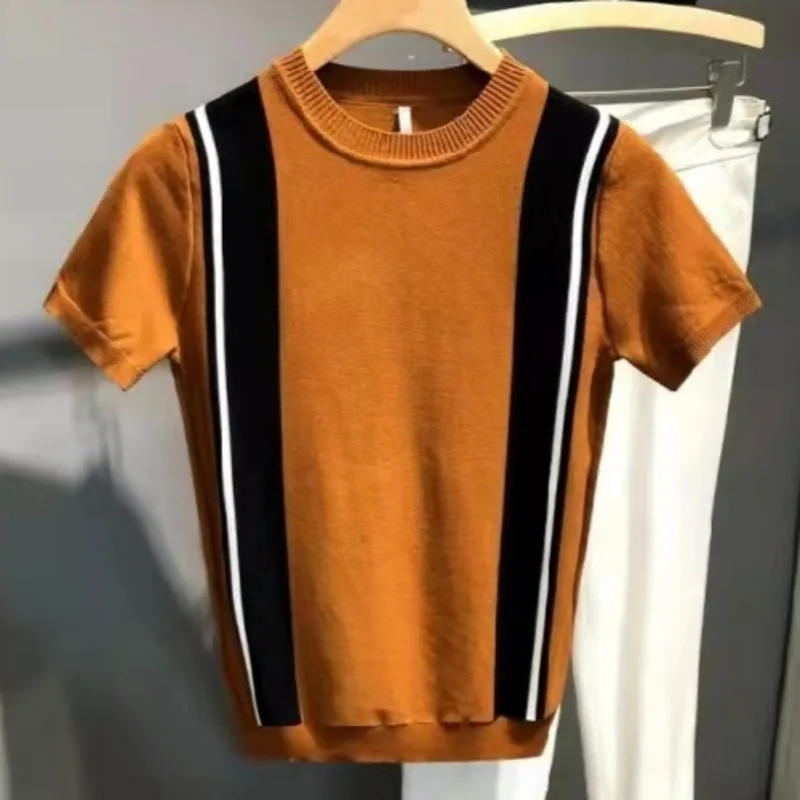 2022 Short Sleeve Crew Neck Knitting T-Shirt Men Slim Striped Contrast Patchwork Knitted Bottoming Shirt Social Club Outfits