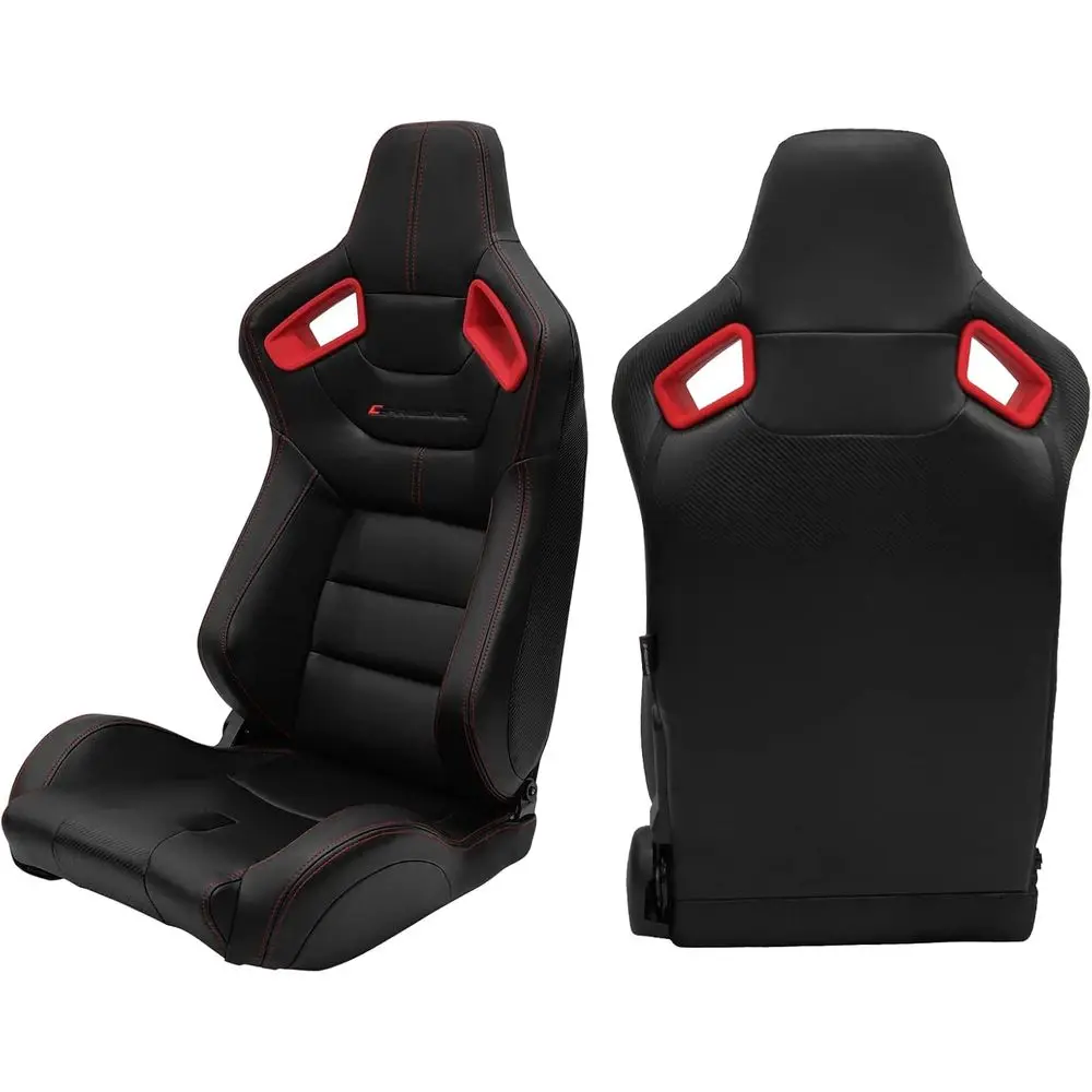 Pair of Adjustable Racing Bucket Seats with Dual Sliders, Black w/ Red Stitch & Bezel, PU & Carbon Leather, Right Side