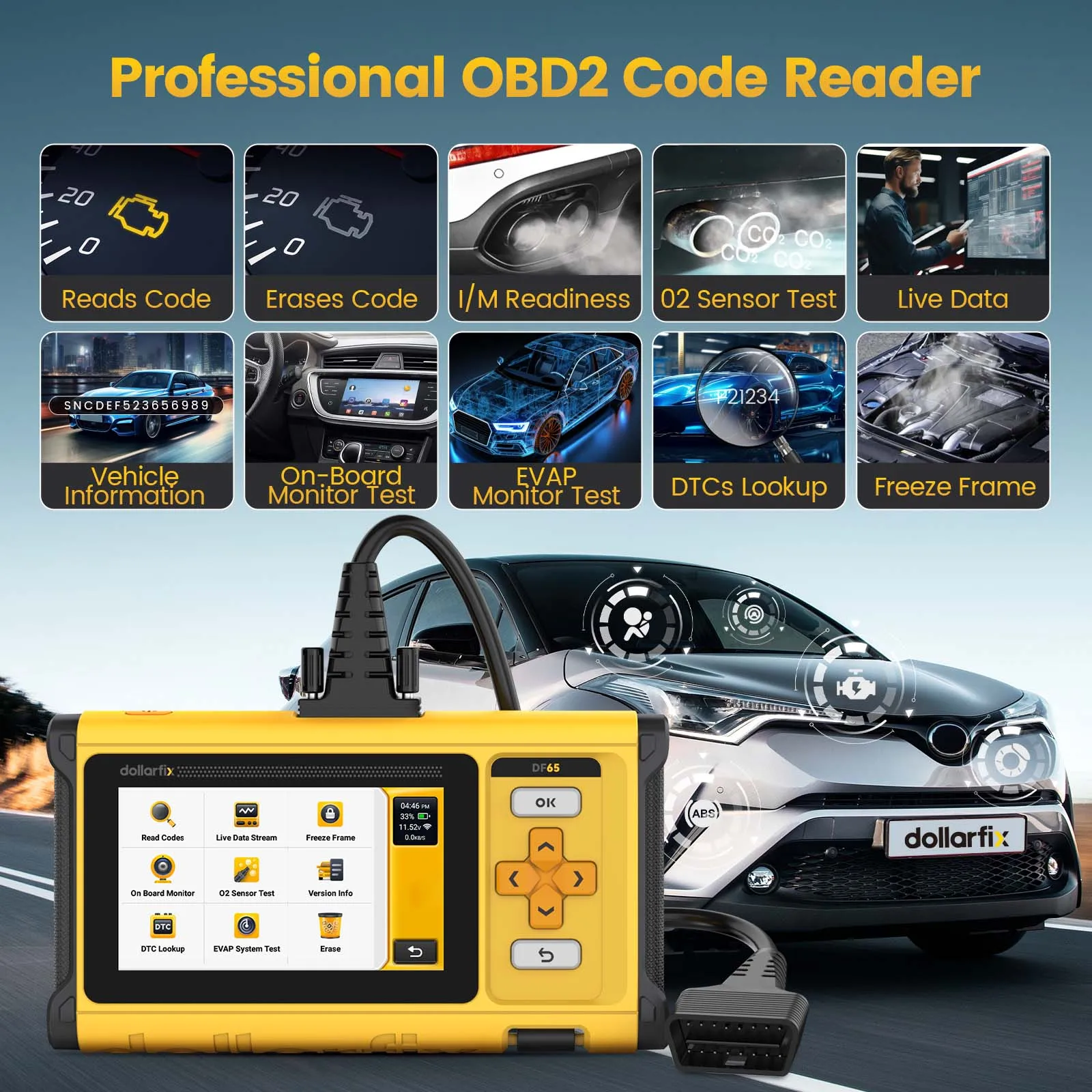 DollarFix DF65 OBD2 Automotive Scanner  10 Reset obd2 Scan Tool Engine ECM/TCM/ABS/SRS System Code Reader Car Diagnostic Tools